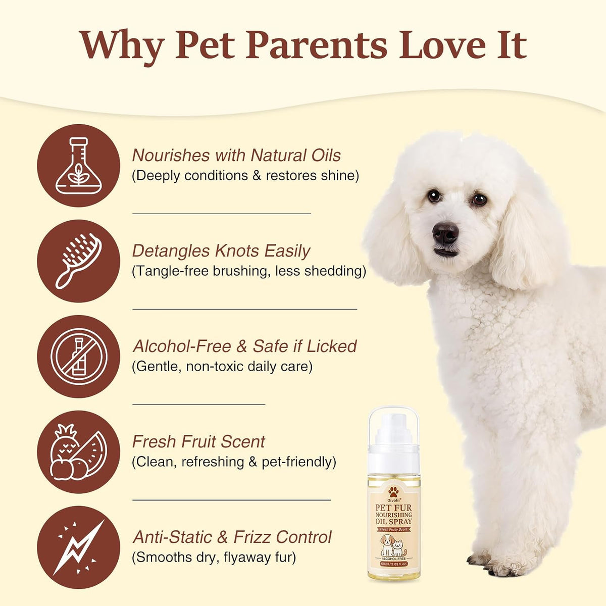 Oivolii plant-based alcohol-free pet fur oil bottle showing the fresh fruity scent label.