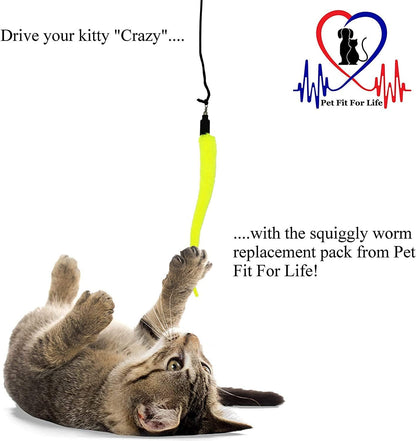 Colorful squiggly worm refills for interactive cat wands showing metal eye hook connectors.