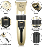 Close-up of the professional low noise electric dog clippers showing the adjustable precision blade settings ring.