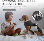 SAWMONG surgical dog bodysuit showing the back zipper and adjustable straps.