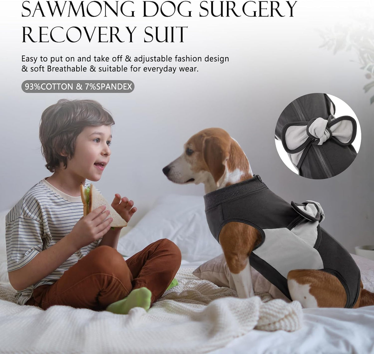 SAWMONG surgical dog bodysuit showing the back zipper and adjustable straps.