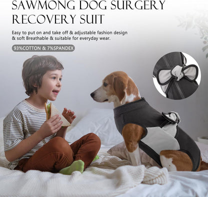 SAWMONG surgical dog bodysuit showing the back zipper and adjustable straps.
