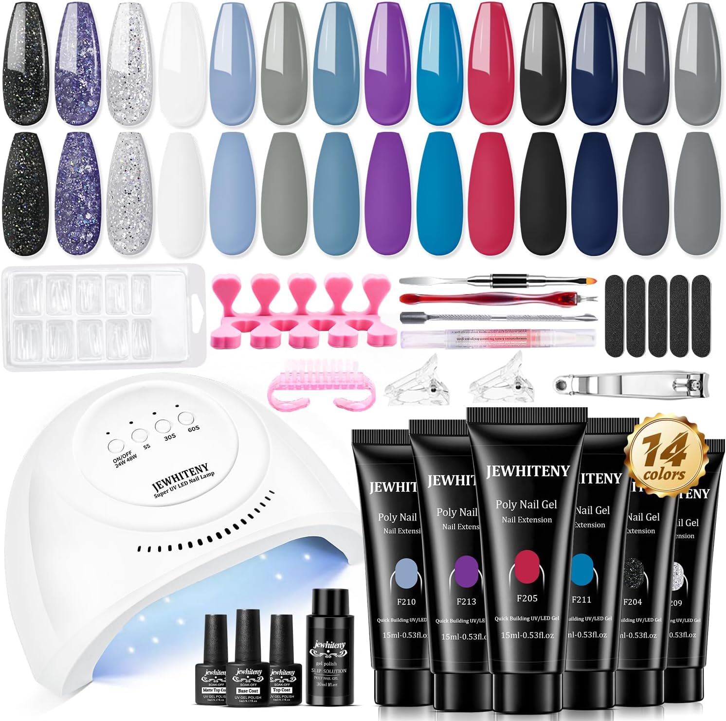 Jewhiteny 14 color poly gel nail kit with 48W lamp front view