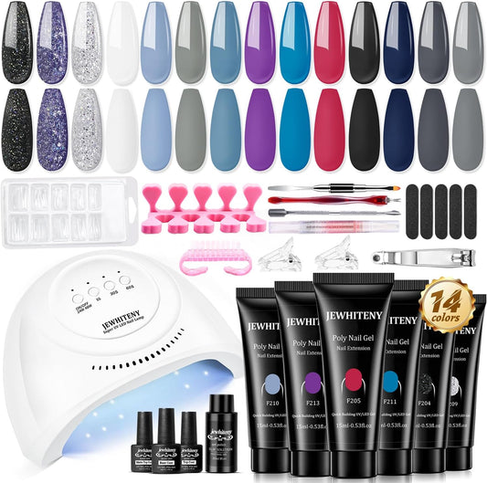 Jewhiteny 14 color poly gel nail kit with 48W lamp front view