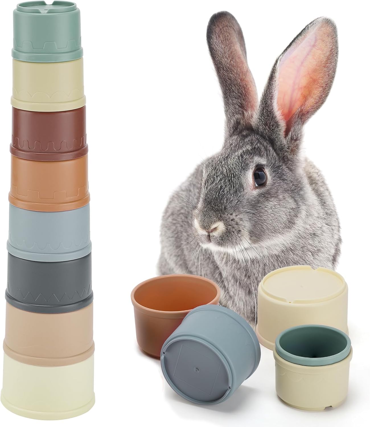 MEWTOGO 8 Pieces Stacking Cups for Rabbits front view showing multi colored nesting design