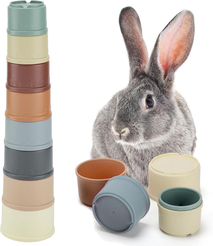 MEWTOGO 8 Pieces Stacking Cups for Rabbits front view showing multi colored nesting design