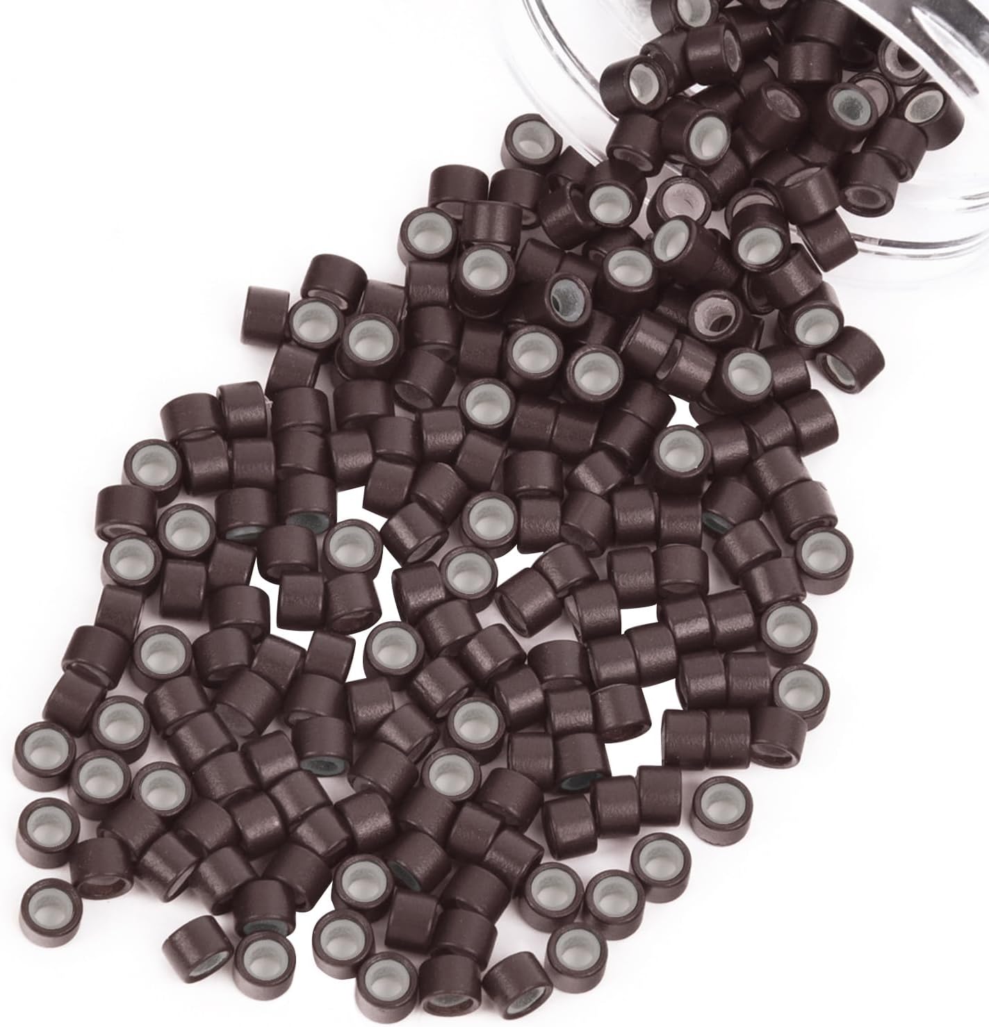 Vlasy 4mm silicone lined micro ring beads brown front view package for hair extensions