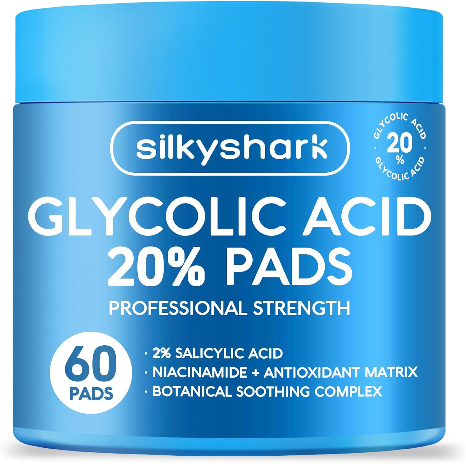 SilkyShark Glycolic Acid 20% Resurfacing Pads front view jar containing sixty chemical peel sheets.