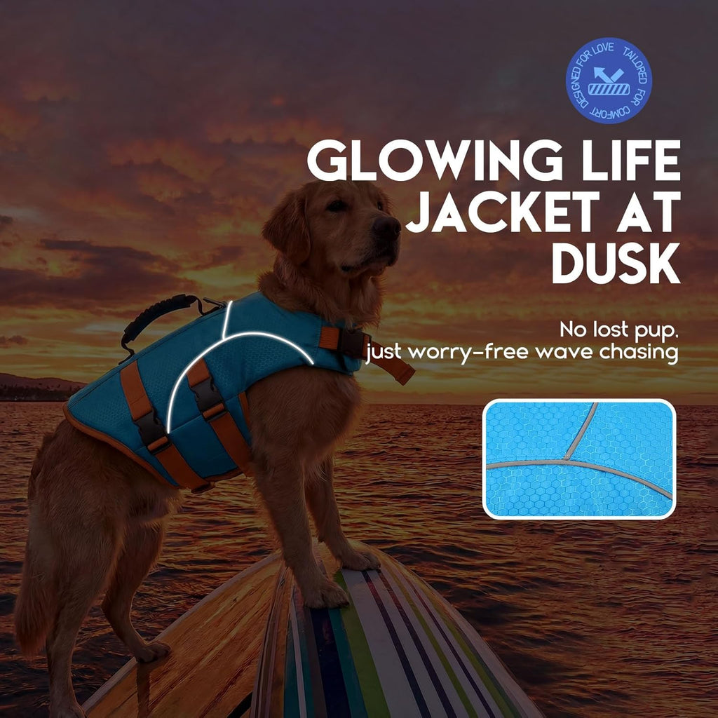 Blue dog life jacket with reflective strips in low light