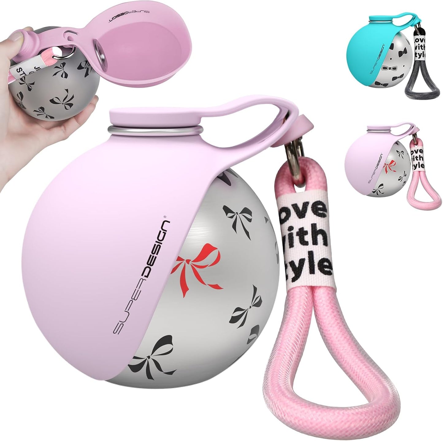 SuperDesign 2-in-1 portable dog water bottle pink front view