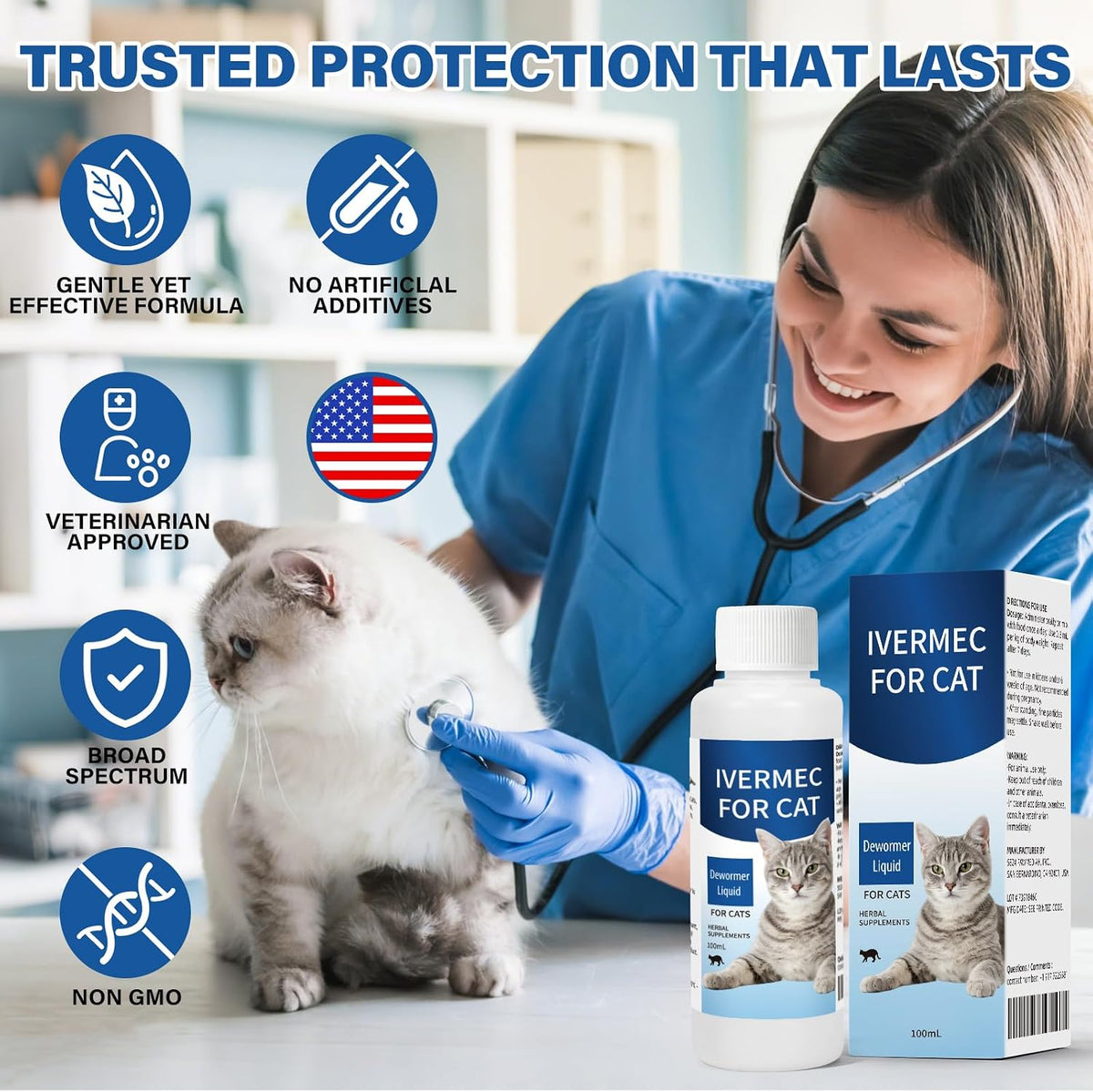 Imported feline internal balance support supplement bottle with dosage text