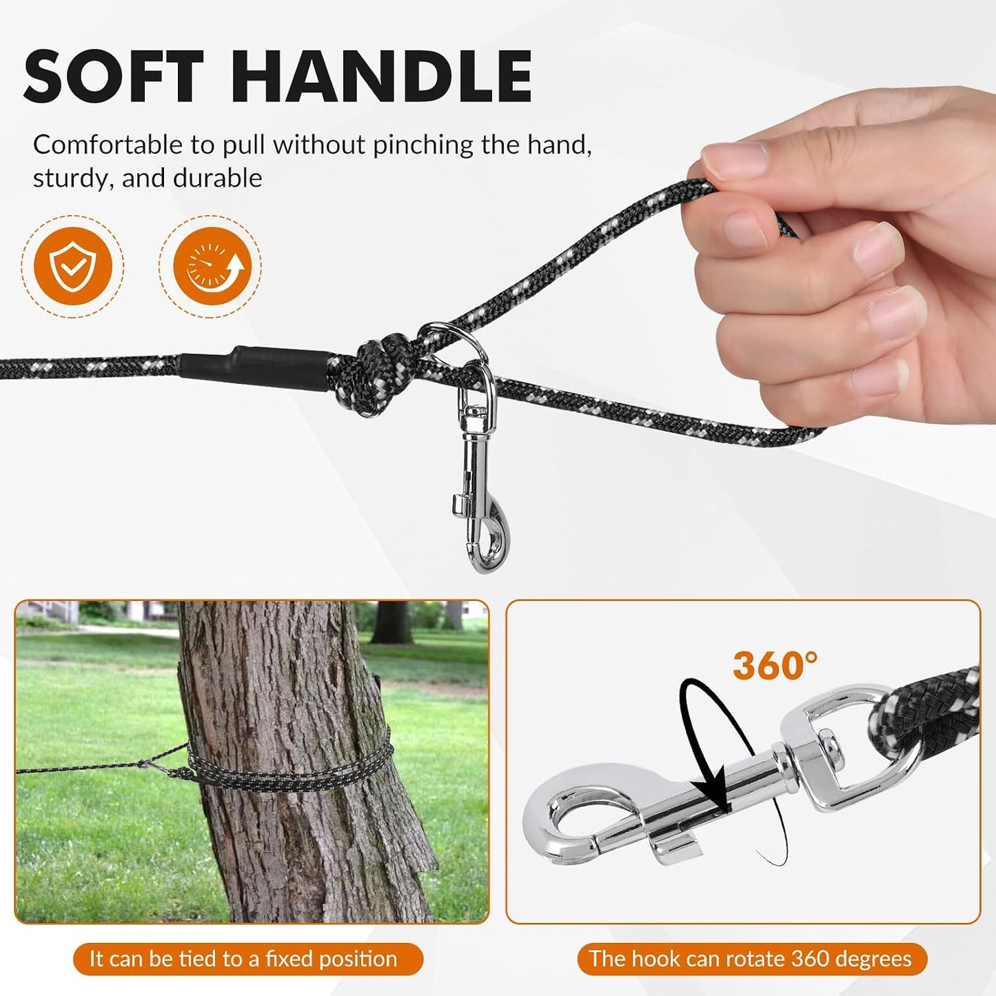 Close up of 360 degree swivel clip on black cat leash