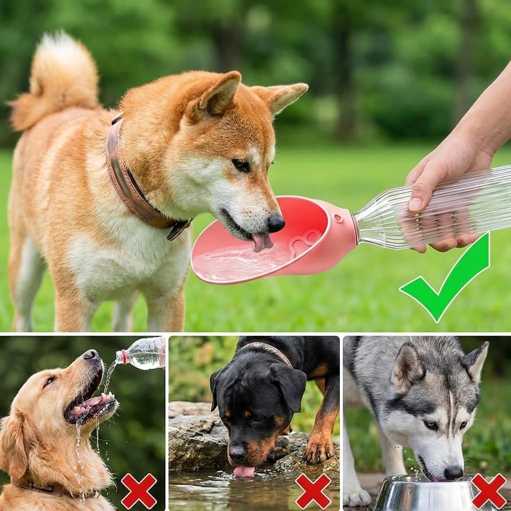 Compact green leaf design dog travel water bottle attachment with hanging rope