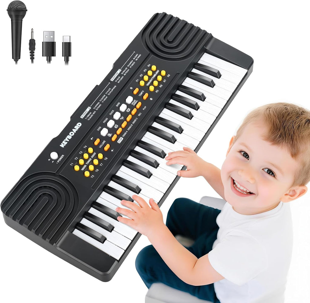 Drmukie kids piano keyboard toy front view showing 37 black and white keys with yellow function buttons