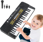 Drmukie kids piano keyboard toy front view showing 37 black and white keys with yellow function buttons
