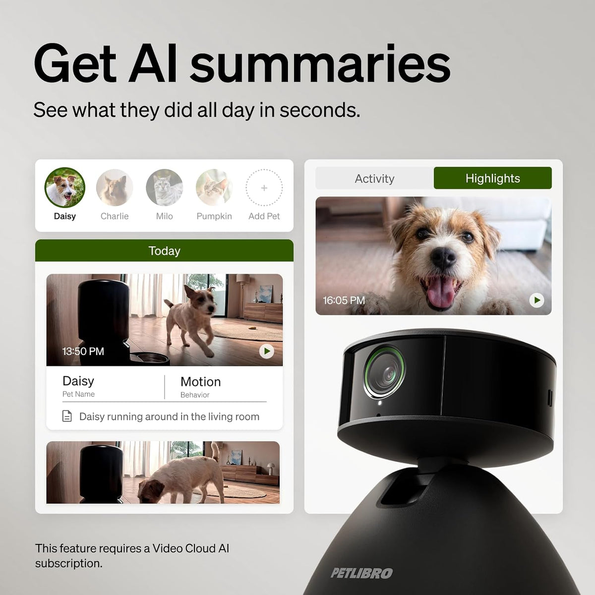 Petlibro pet camera mobile app interface showing activity summary