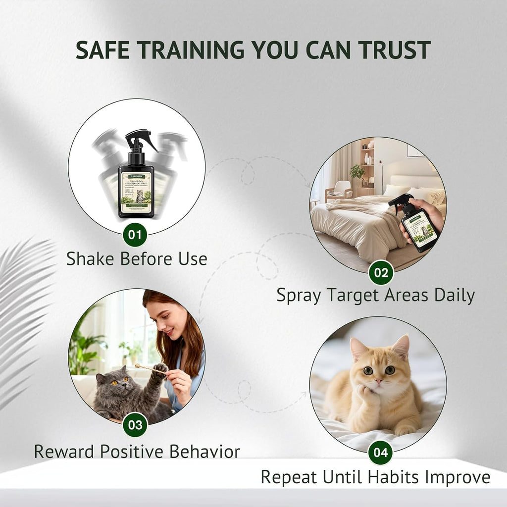Cat repellent spray bottle shown next to a sofa for context.