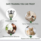 Cat repellent spray bottle shown next to a sofa for context.