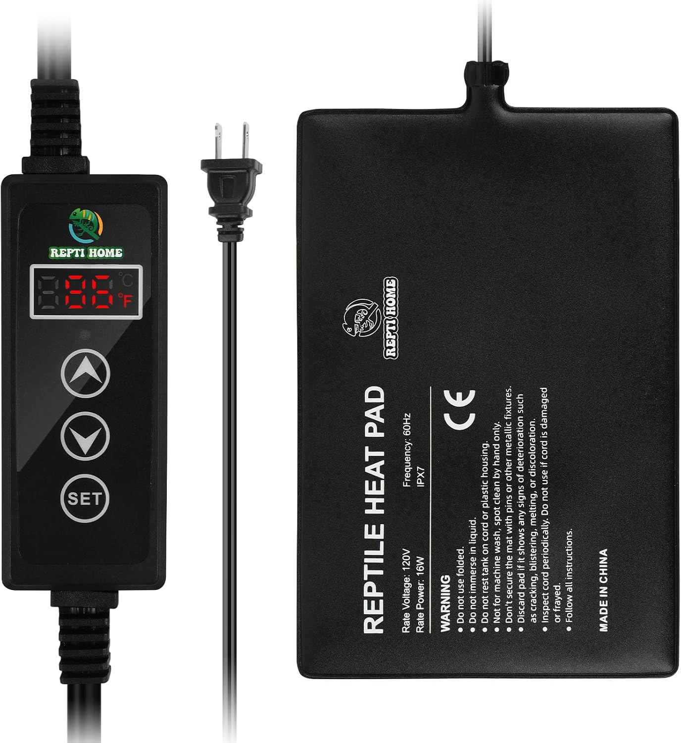 Full view of the REPTI HOME twenty four watt heat pad layout with power cords and controller.