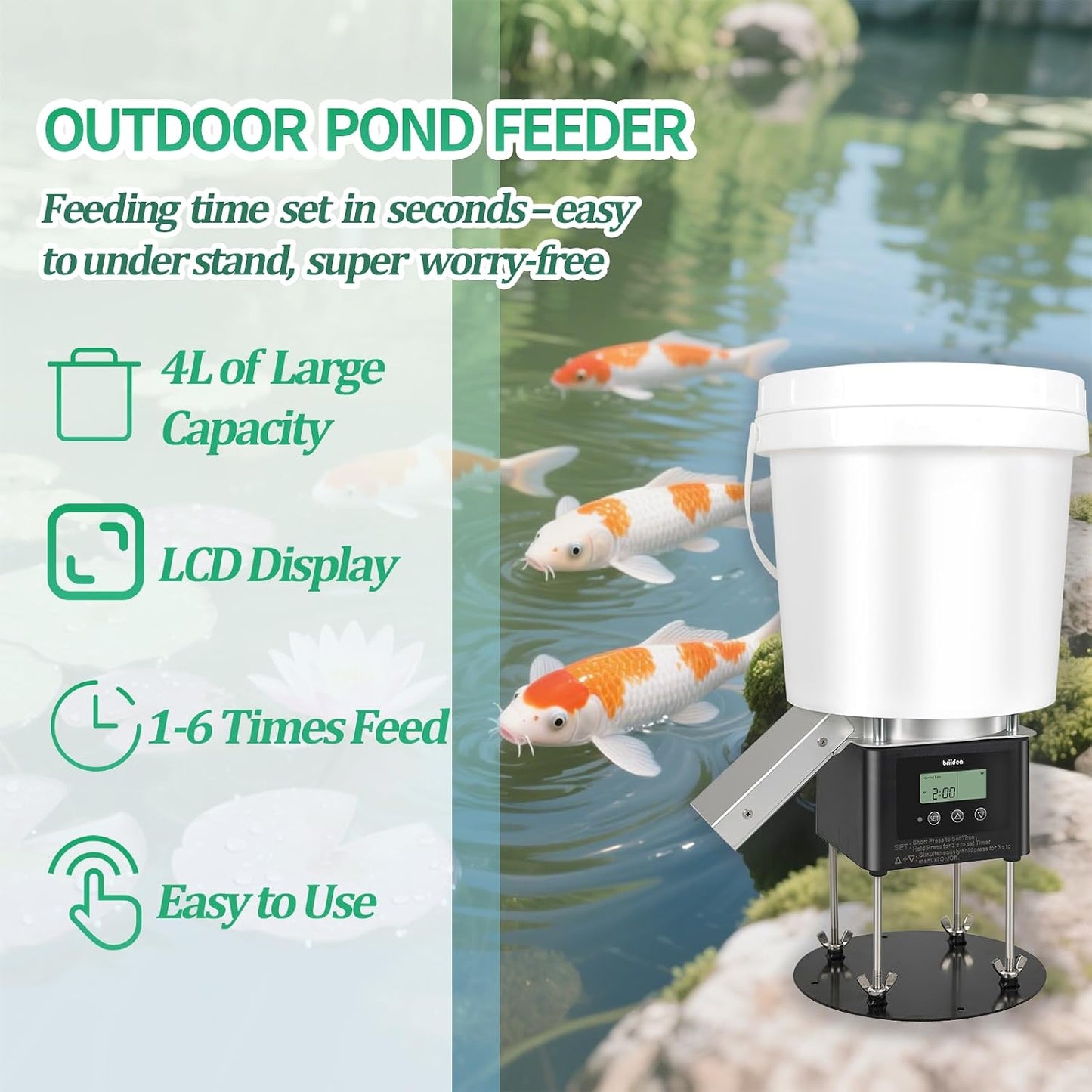 Briidea timed fish feeder close up of the anti clog pellet dispensing mechanism