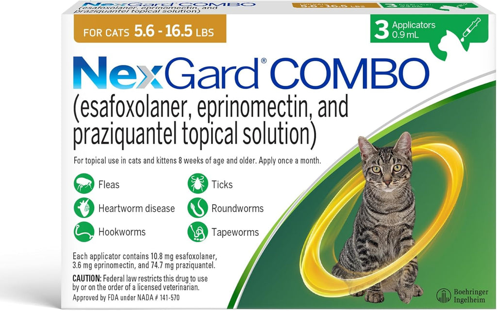 NexGard(R) Combo (esafoxolaner, eprinomectin, and praziquantel Topical Solution) Flea and Tick Protection Plus Heartworm Disease Preventive for Cats, 5.6-16.5 lbs. (Yellow Box) 6 Doses (6 Month Supply) - Image 9
