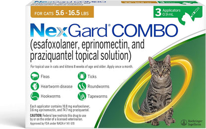 NexGard(R) Combo (esafoxolaner, eprinomectin, and praziquantel Topical Solution) Flea and Tick Protection Plus Heartworm Disease Preventive for Cats, 5.6-16.5 lbs. (Yellow Box) 6 Doses (6 Month Supply) - Image 9