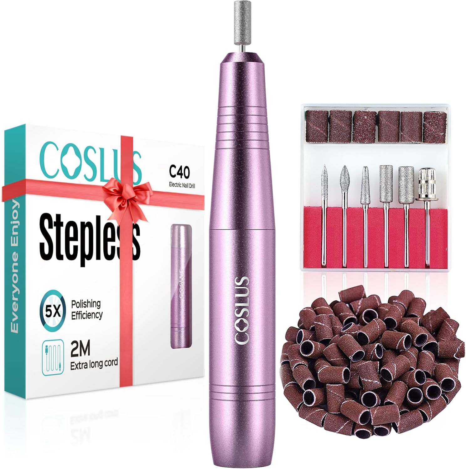 COSLUS C40 electric nail drill professional kit pink front view on a clean background