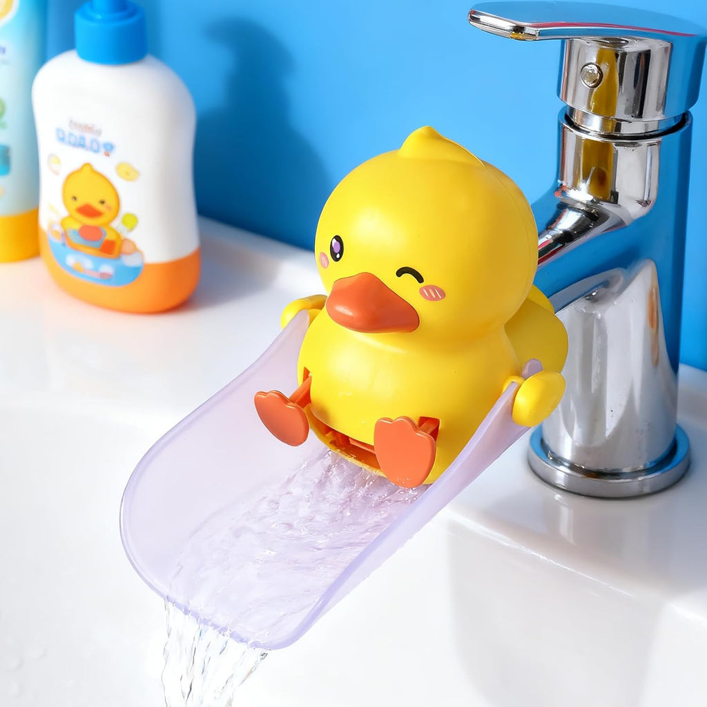 Skyroku Duck-Tastic Faucet Extender for toddlers front view showing the yellow cartoon design on a bathroom sink tap.