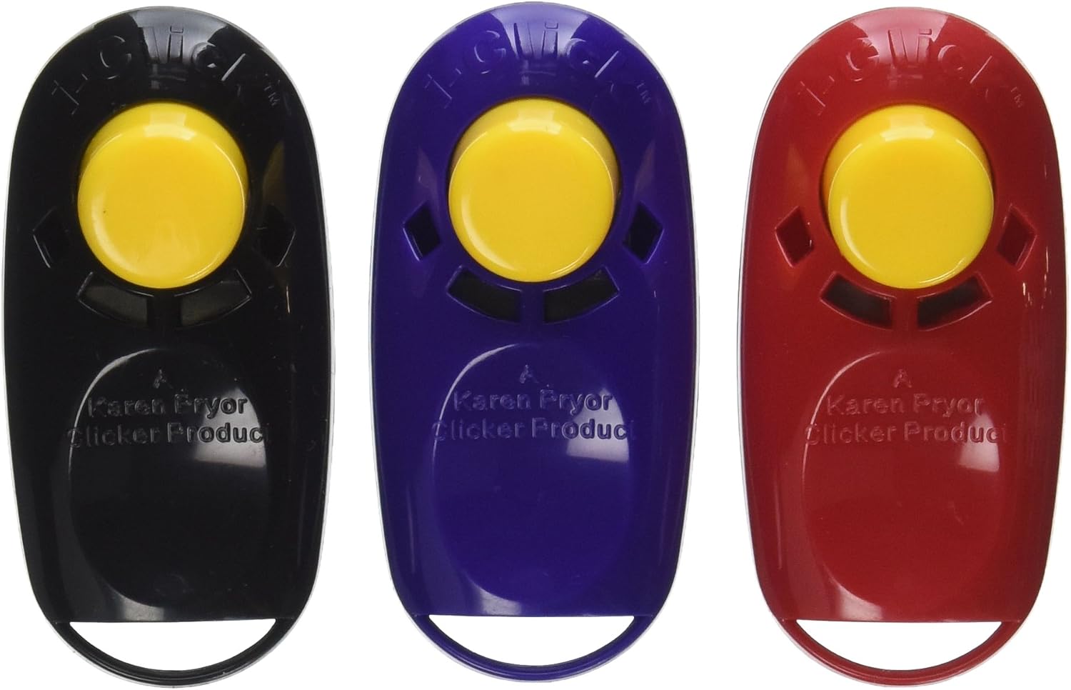 Three colorful ergonomic animal training clickers by Karen Pryor showcasing the easy press button design.