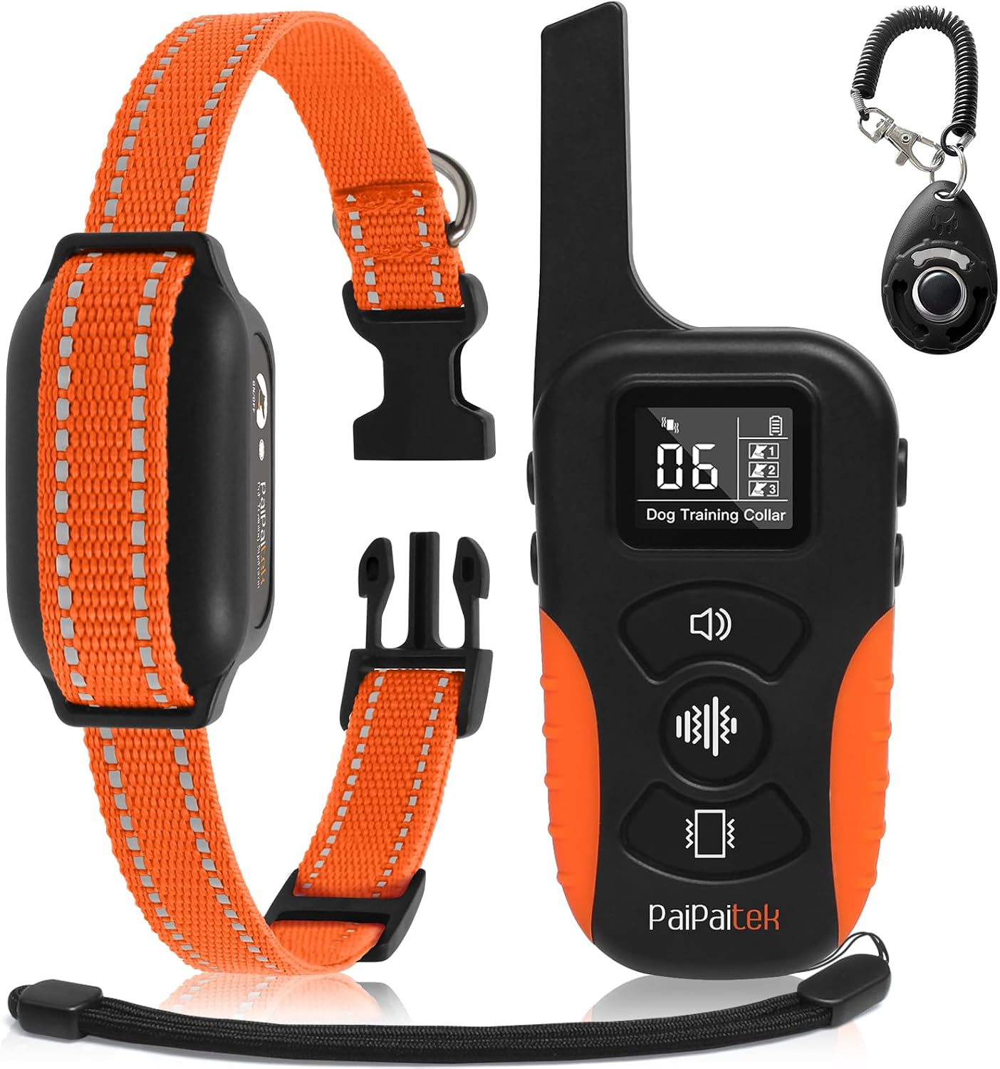 PaiPaitek dog vibration collar front view showing orange reflective strap and black remote controller