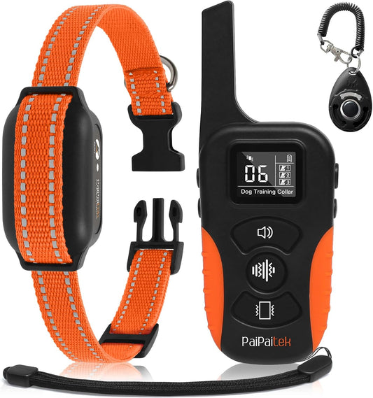PaiPaitek dog vibration collar front view showing orange reflective strap and black remote controller