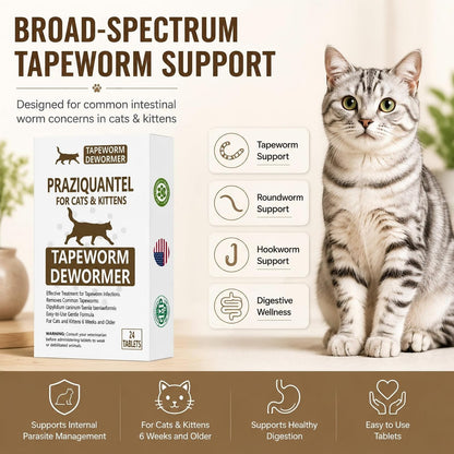 Elanco cat dewormer tablet bottle alongside oral treatment packaging details