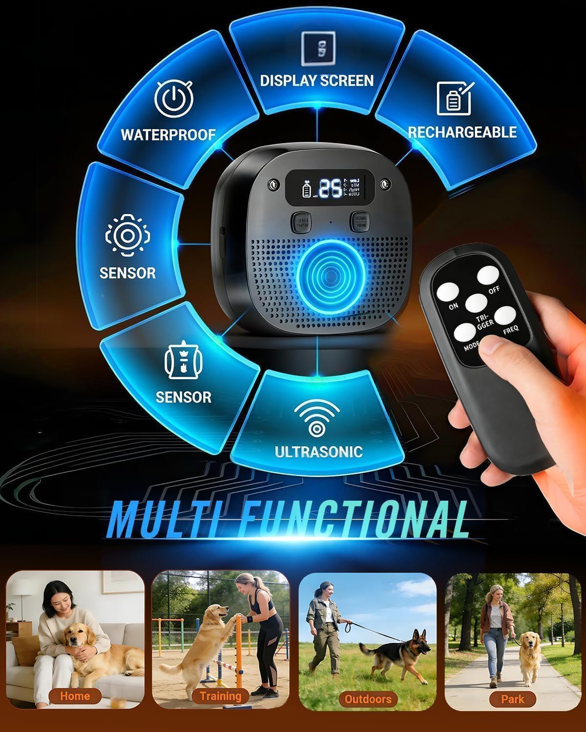 Rechargeable ultrasonic dog deterrent device for indoor use