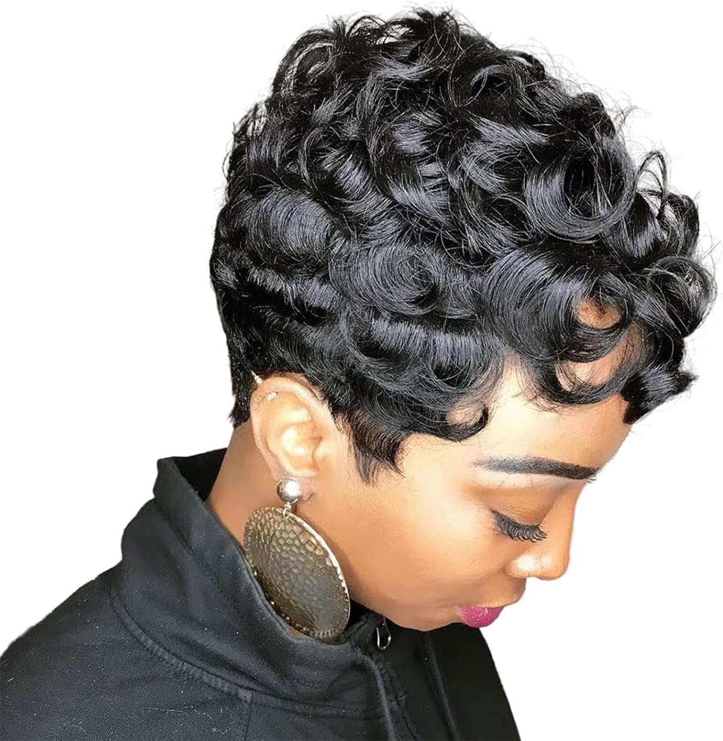 MOONSHOW Short Pixie Wigs for Black Women front view showing natural black short curly style.