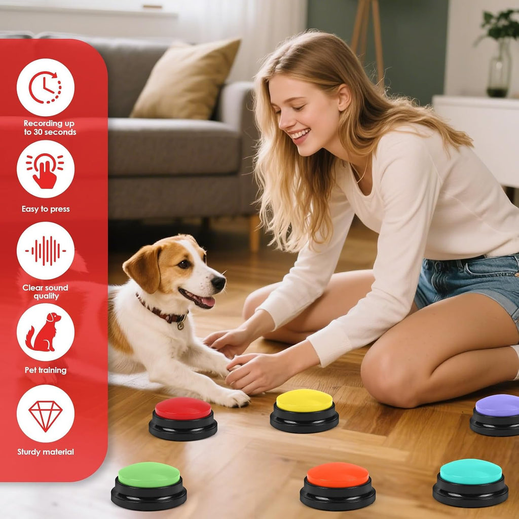 Pack of six recordable pet training buttons in green purple red orange yellow and blue.