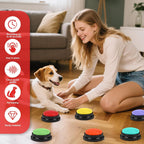 Pack of six recordable pet training buttons in green purple red orange yellow and blue.