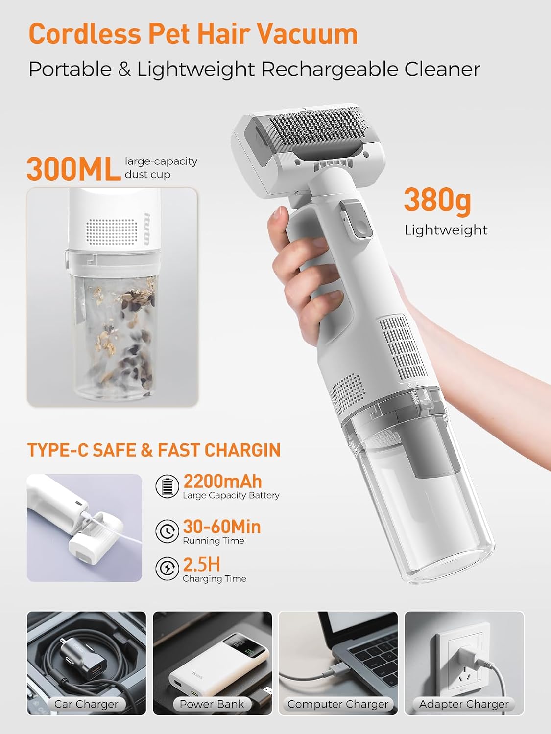 Itutn 2-in-1 pet grooming vacuum showing the compact lightweight handle scale in a user hand