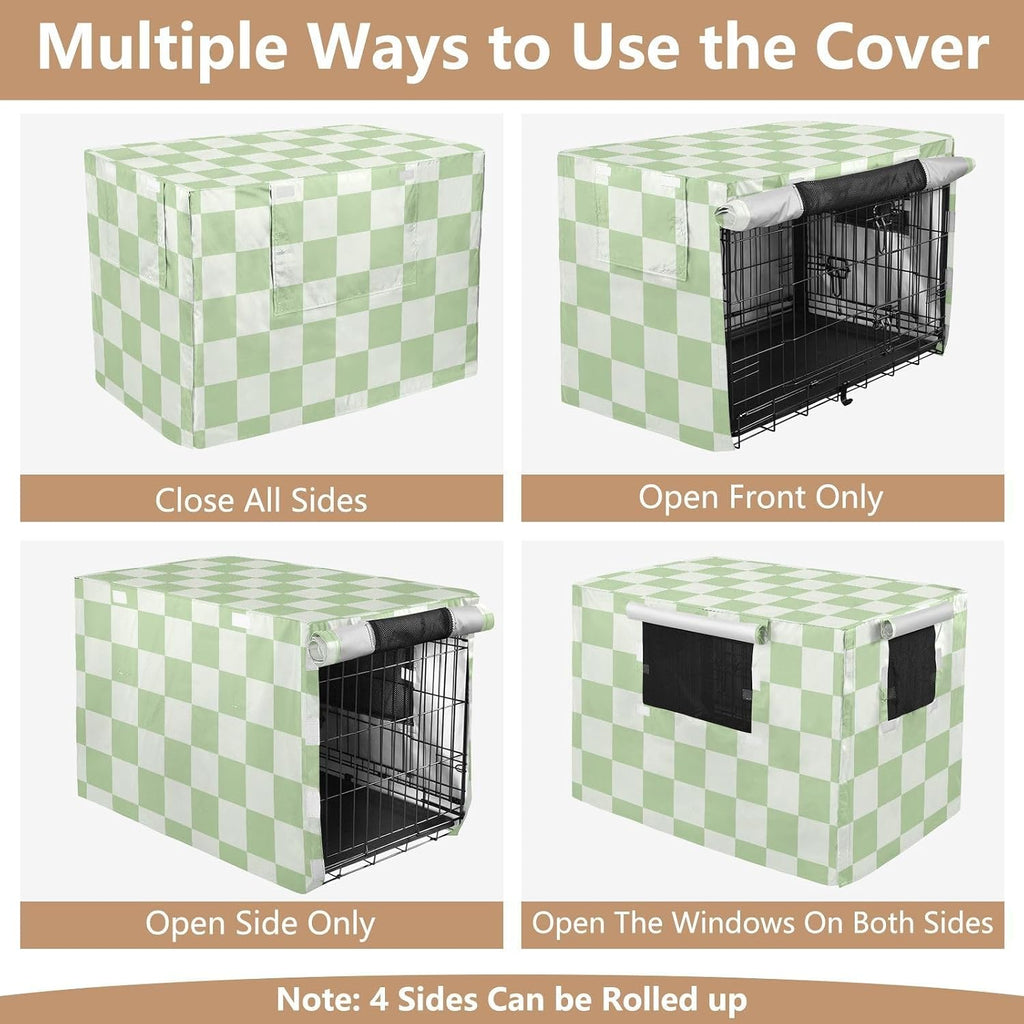Cozy pet den cover installed on a metal wire dog cage for security.