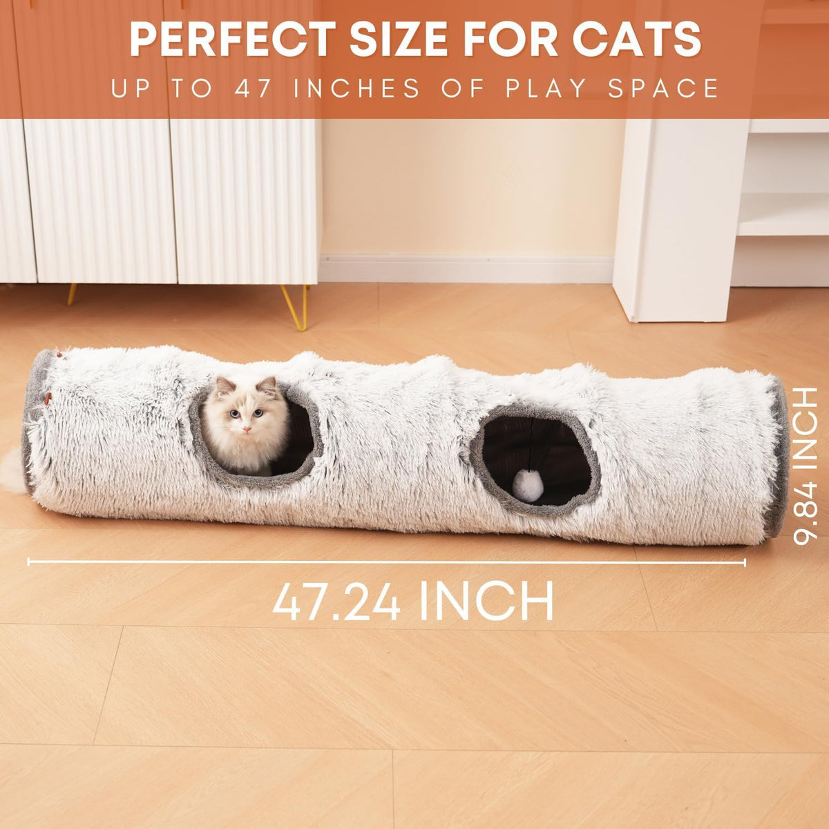 Premium imported long plush cat tunnel showcasing the soft texture and crinkle interior design.