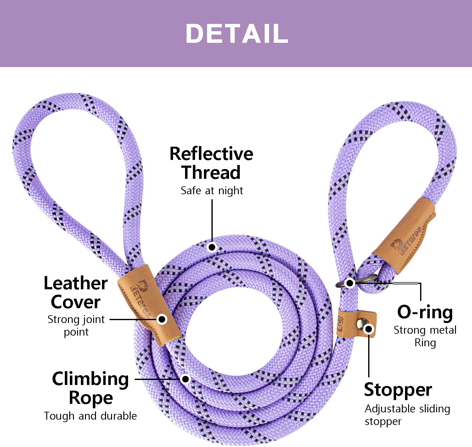Petarea heavy duty rope leash displaying the adjustable genuine leather stopper detail.