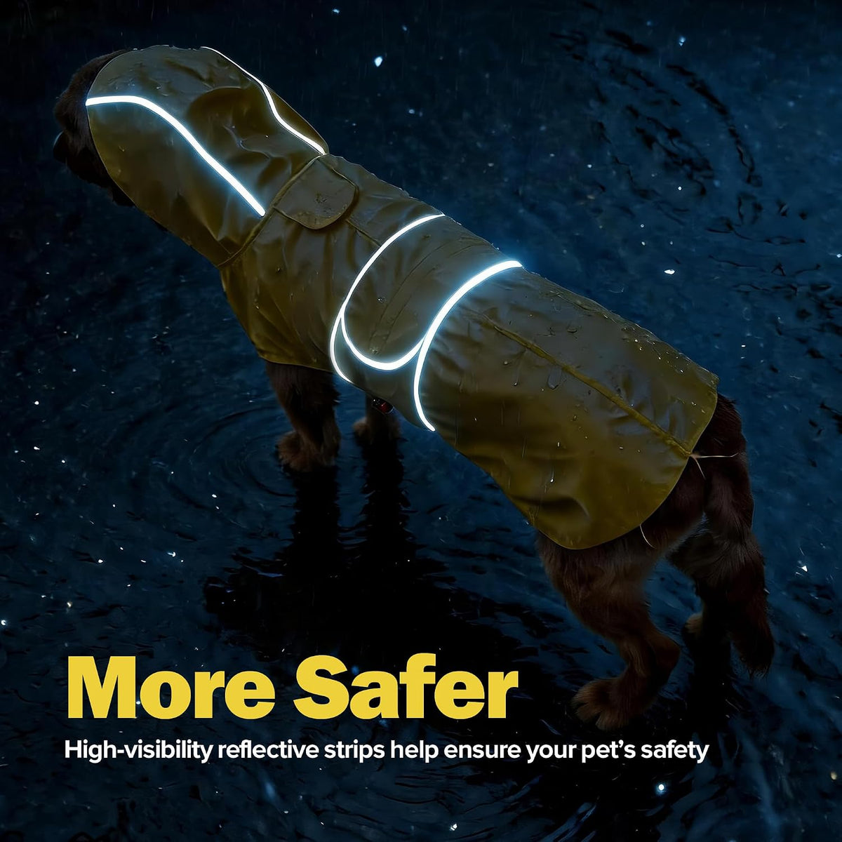 Side profile of a dog wearing the Kimee windproof raincoat with secured adjustable belly straps.
