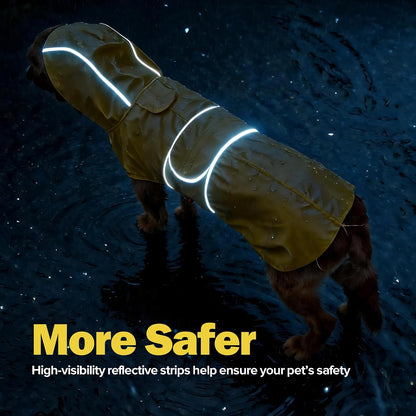Side profile of a dog wearing the Kimee windproof raincoat with secured adjustable belly straps.