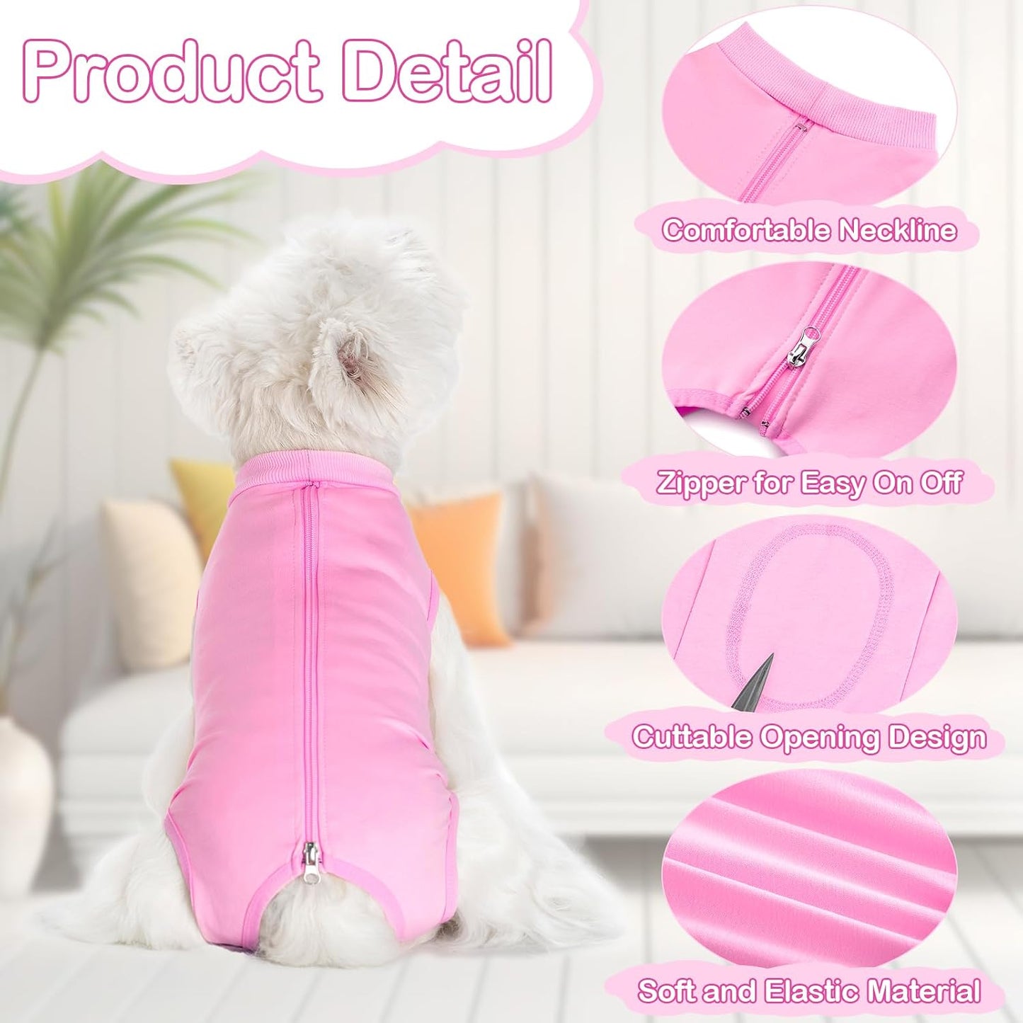 Dog wearing pink surgical onesie side view