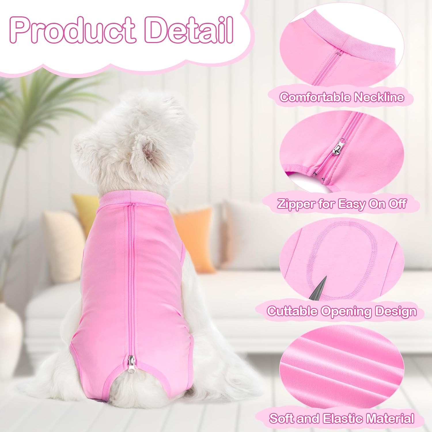 Dog wearing pink surgical onesie side view