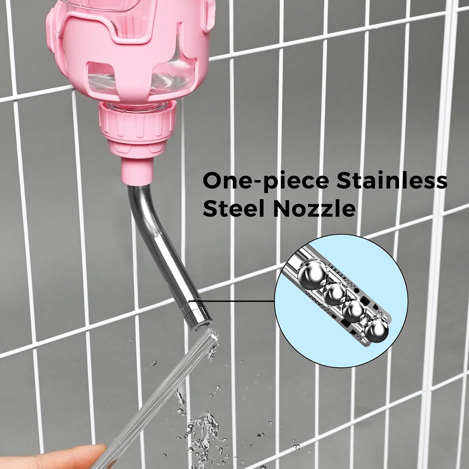 Vannon 1000ml crate dog water bottle standing vertical next to cage bars.