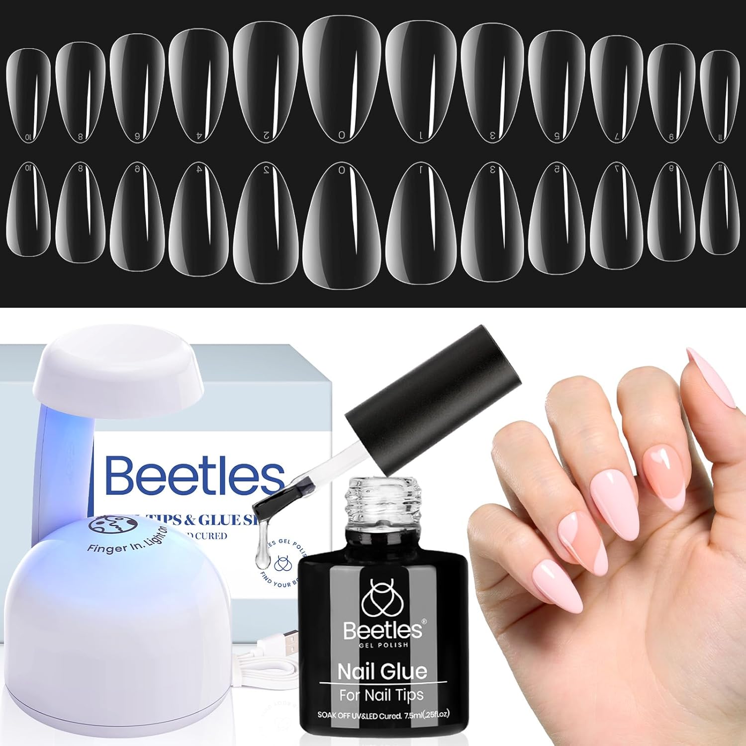 Beetles gel nail kit including 500 piece almond short tips and mini UV LED lamp acrylic nail extensions