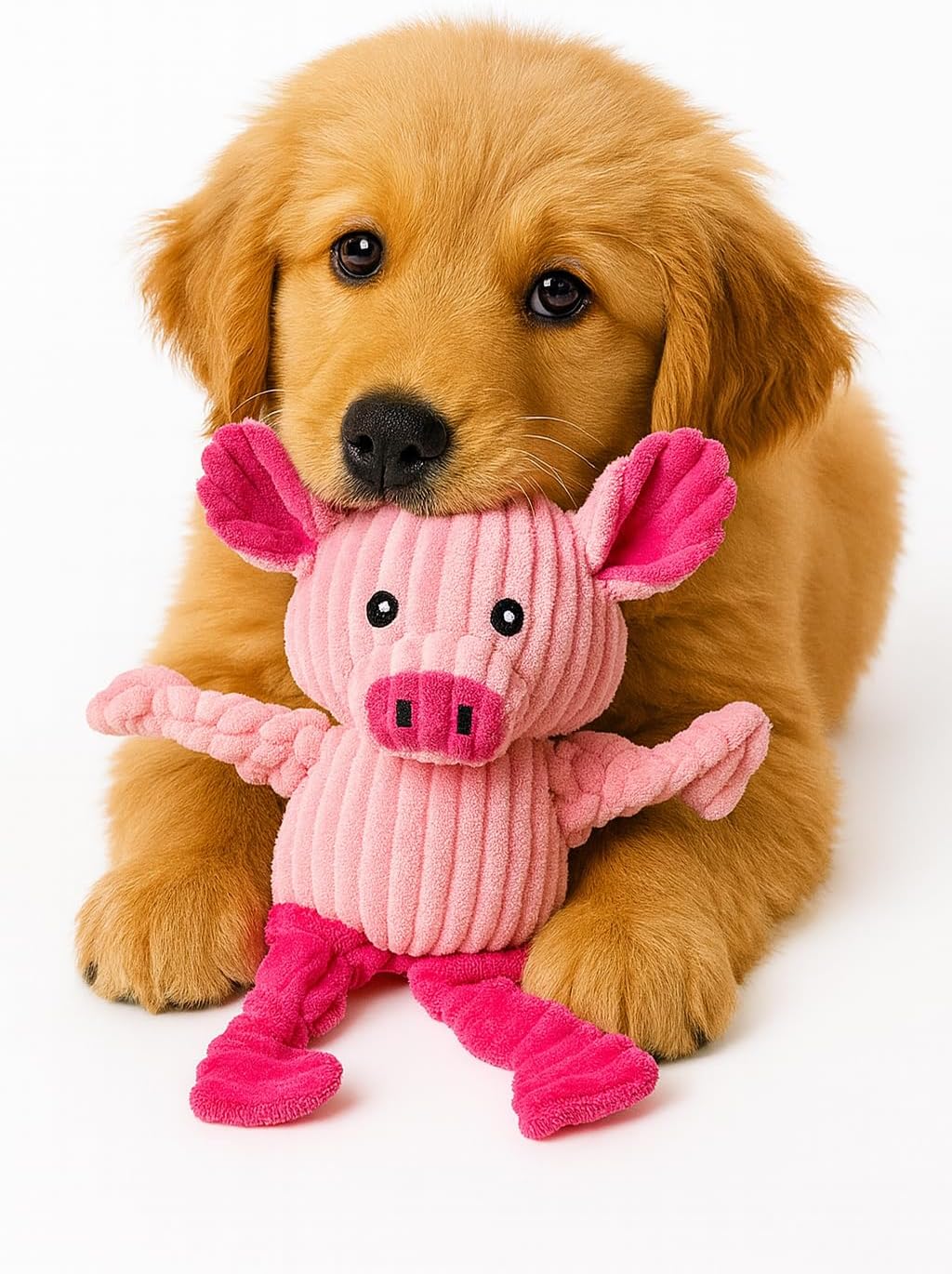 Puppy playing with knotted plush squeak toy
