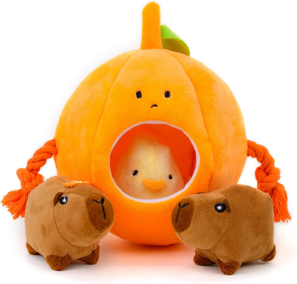 MewaJump Hide and Seek Small Dog Toys front view featuring the main orange pumpkin base and soft plush animal inserts.