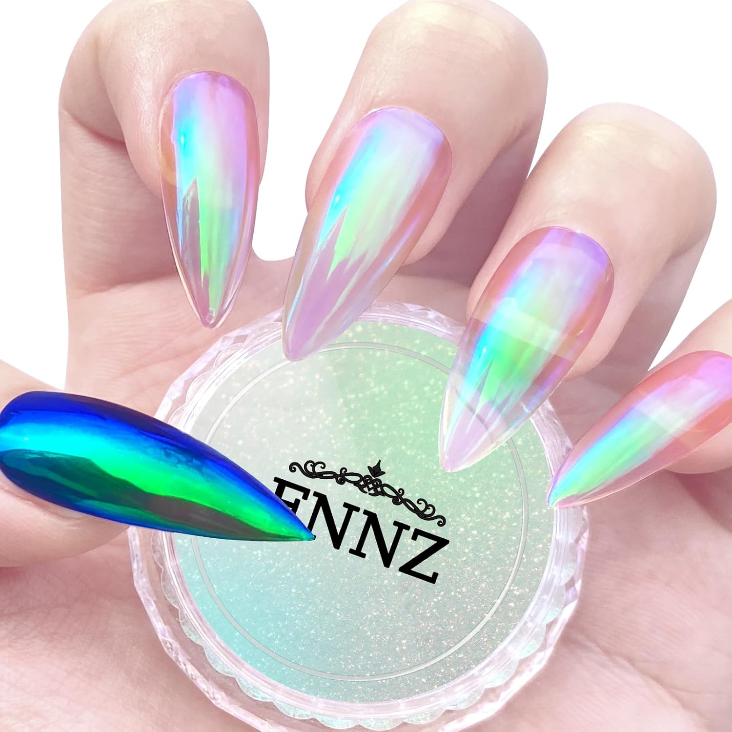 Fnnz Unicorn Chrome Nail Powder jar in Ocean Glimmer front view
