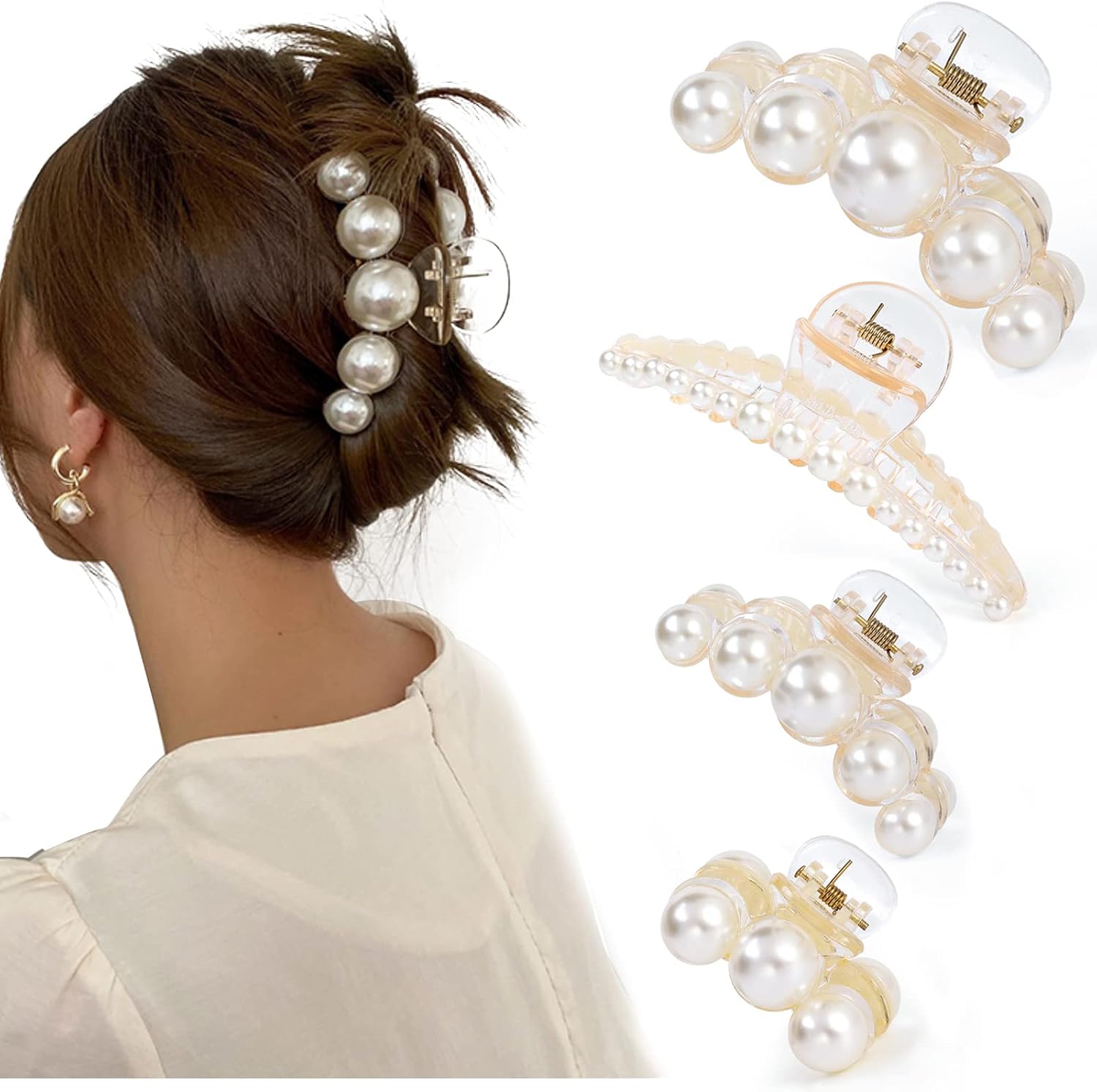 Mehayi large pearl hair claw clips front view showcasing elegant Korean fashion style